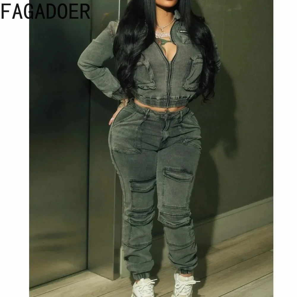 FAGADOER Fashion Denim Two Piece