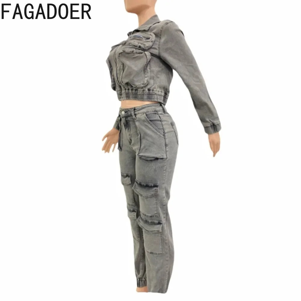 FAGADOER Fashion Denim Two Piece