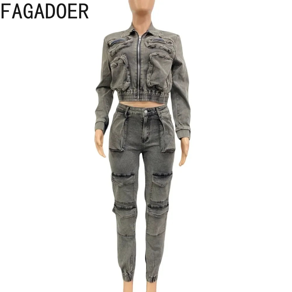 FAGADOER Fashion Denim Two Piece